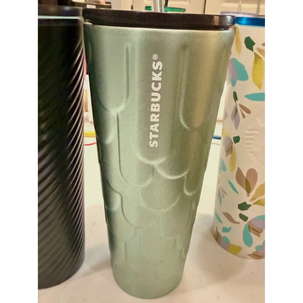Starbucks Stainless Steel Tumbler Lot 3 Snowdrop Black Ribbed Green Swirl